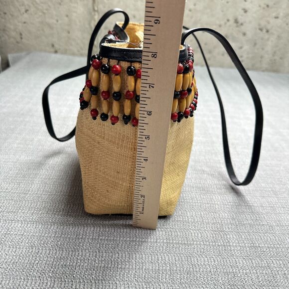 Boho Cole Haan Woven Straw Tote Purse Wooden Beads Beach Vacation Artistic New - Picture 9 of 11